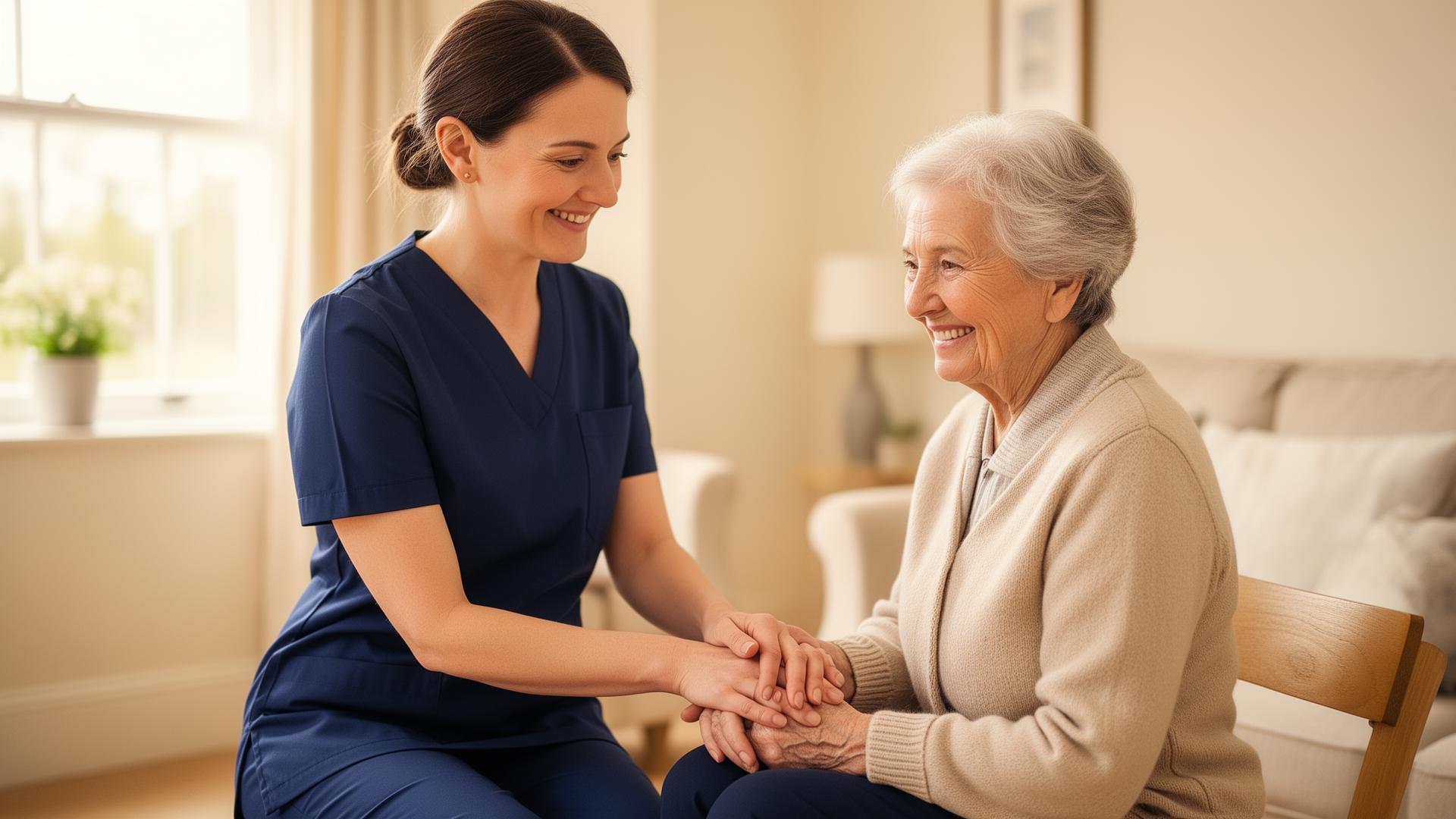 Caregiver supporting an elderly woman at home